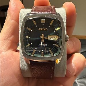 Seiko Black Dial Watch with Brown Strap